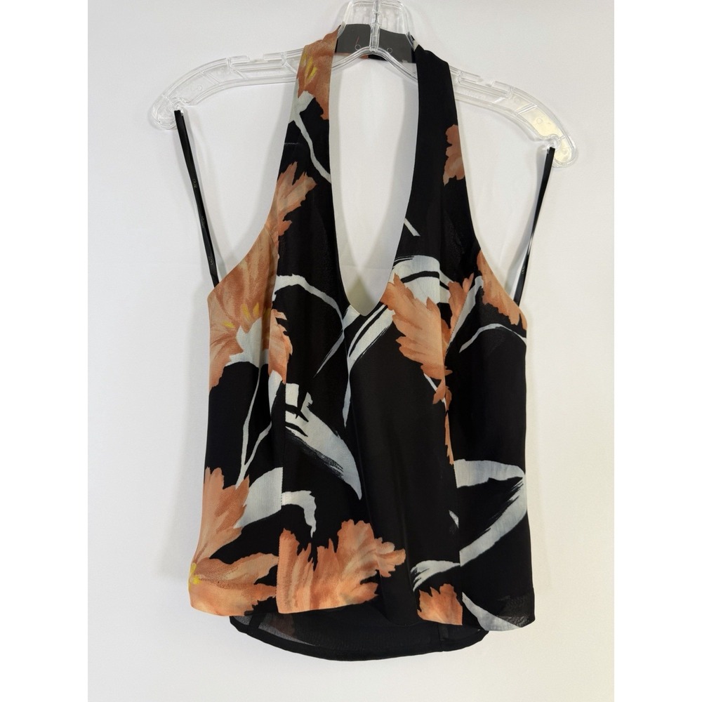 Cache Vintage Floral Halter Top Black Coral Orange V-Neck Tie Neck Size‎ 10 USA